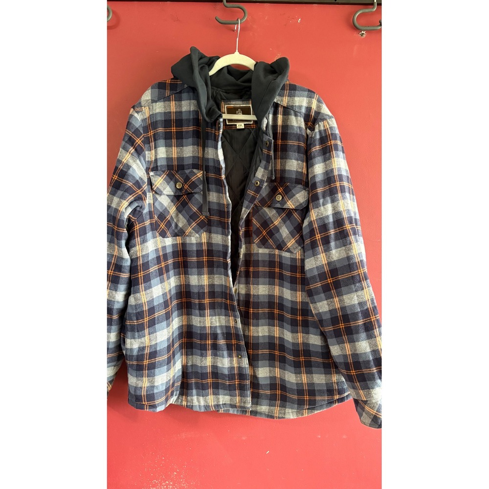 Foundry Mens XXL Blue Orange Plaid Quilted Lined Hooded Flannel Shirt Jacket